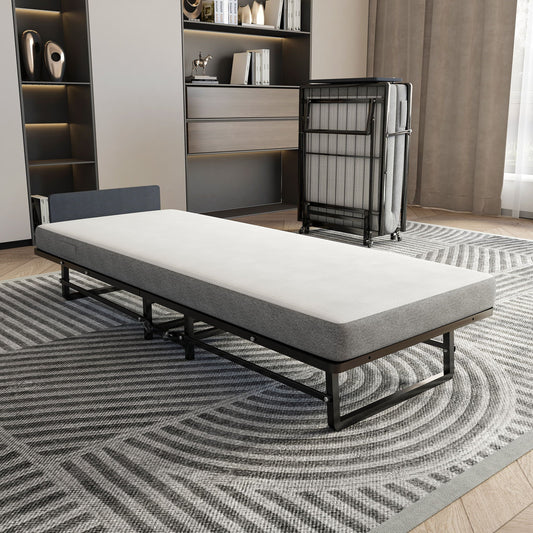 Modern Metal Folding Bed Frame With Foam Mattress, Easy Storage & Mobility - Black