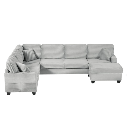 Upholstered U-Shaped Sectional Sofa With Movable Ottoman And Side Storage Pockets