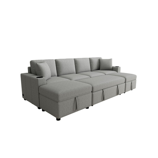 Sectional Sofa Convertible Pull-Out Bed With Storage Ottoman & USB Ports