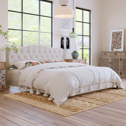 King Upholstered Platform Bed With Curved Adjustable Headboard And Diamond Tufted Details, No Box Spring Needed - Beige