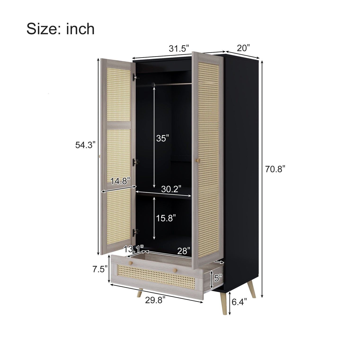 Tall Armoire Wardrobe Closet With 2 Rattan Doors & 1 Drawer, Boho Clothes Storage Cabinet With Hanging Rod For Bedroom - Natural / Black