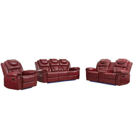 3 Pieces Recliner Sofa Sets Home Theater Seating Manual Recliner Chair With Center Console And LED Light Strip For Living Room