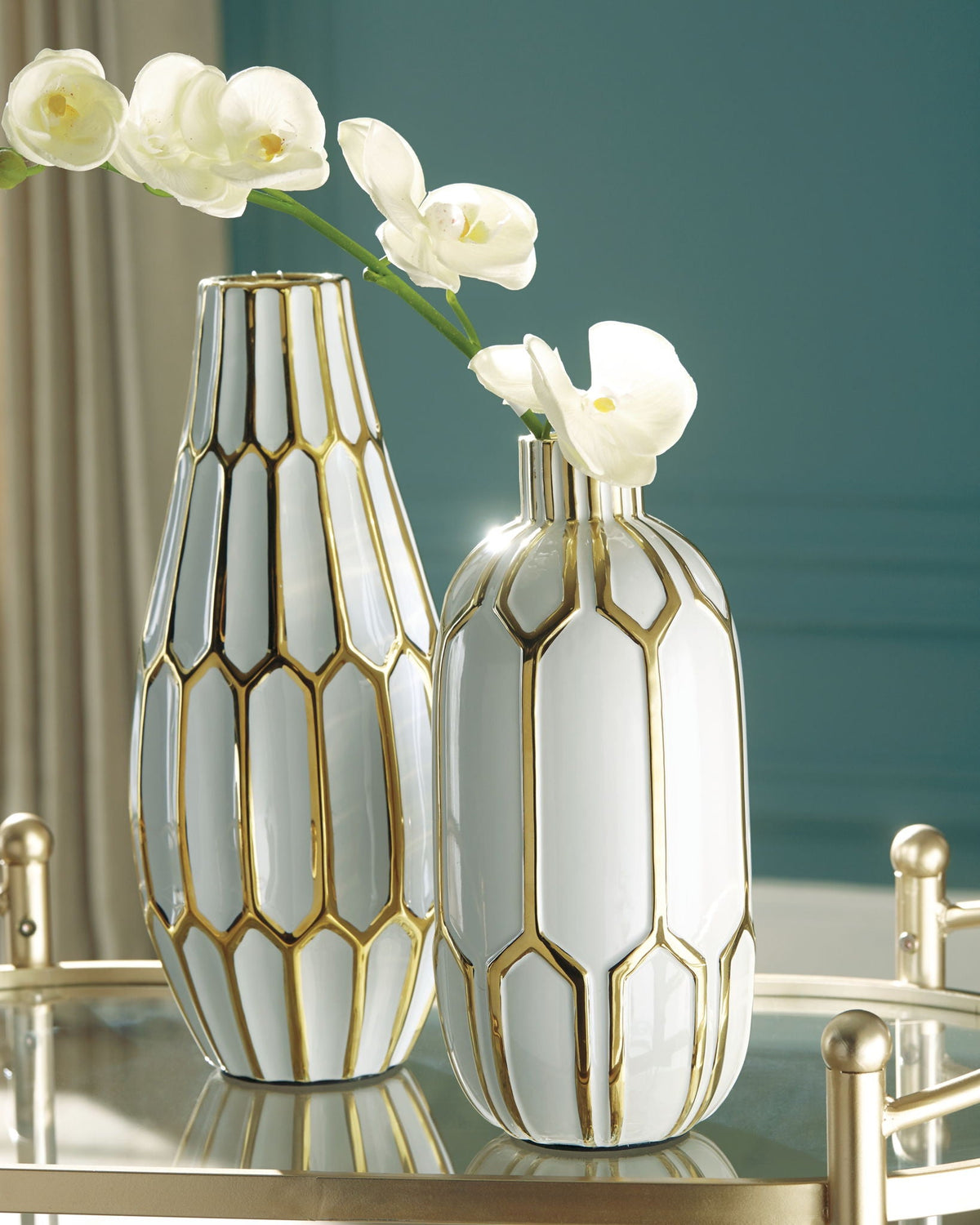 Mohsen - Indoor/Outdoor Vase Set (Set of 2) - Gold Finish / White