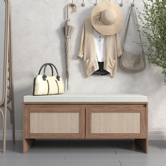 Storage Bench With Cushion, Shoe Cabinet With 2 Doors - Antique Natural / Rattan