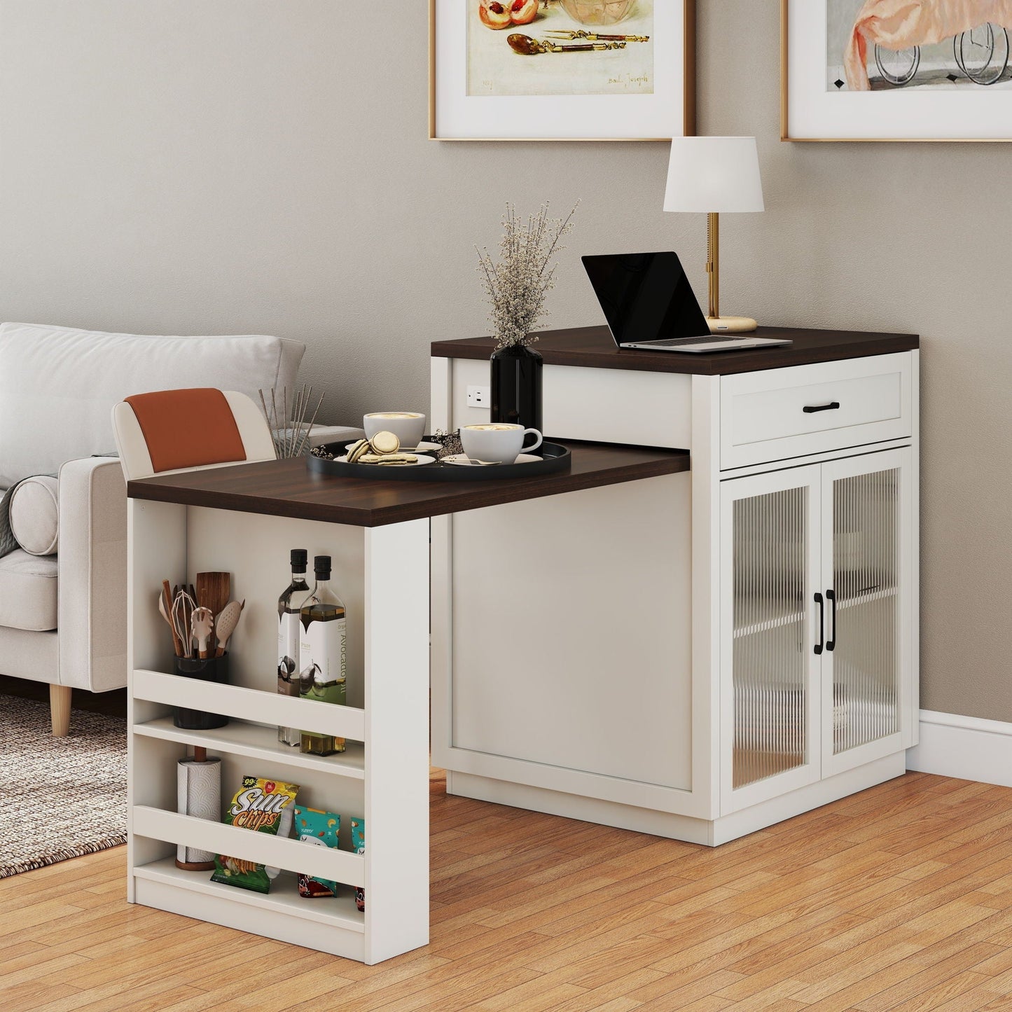 Extendable Kitchen Island With Slide Out Table And Storage Racks For 2 - 6 Person, Power Outlet, Bar, Prep Station - Creamy White / Walnut