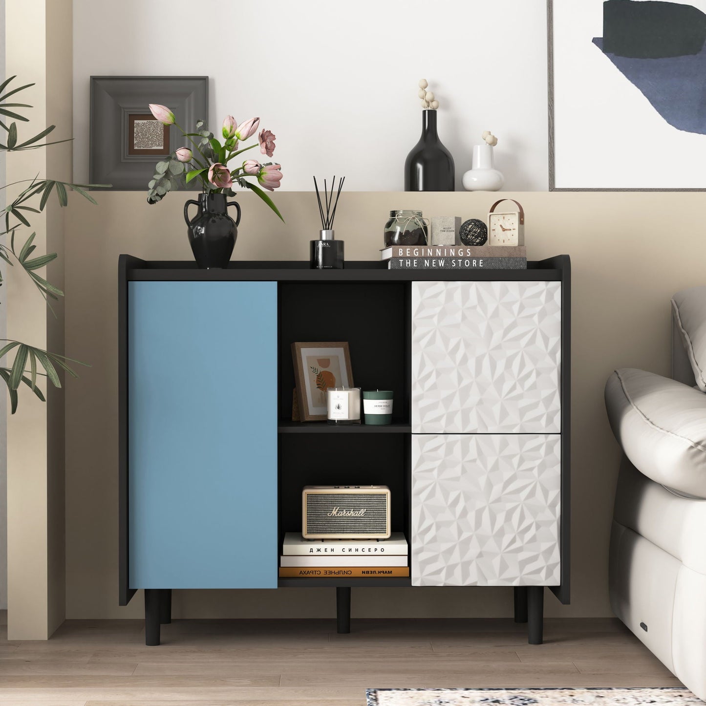 Modern Sideboard Buffet Cabinet With Red Doors And Unique Panel Styling