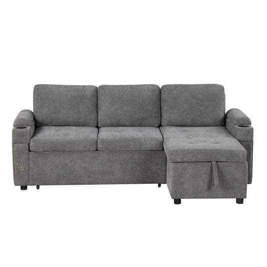 Convertible L Shaped Sofa Couch With Storage, Cup Holders, USB Ports