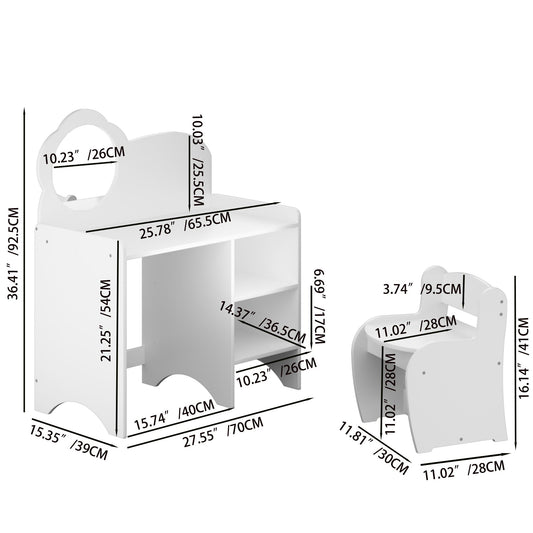 Kids Vanity Table With Mirror And Chair, Dressing Makeup Desk With Storage Shelves - White