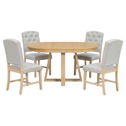 Dining Set With Leaf Round Table And 4 Upholstered Chairs