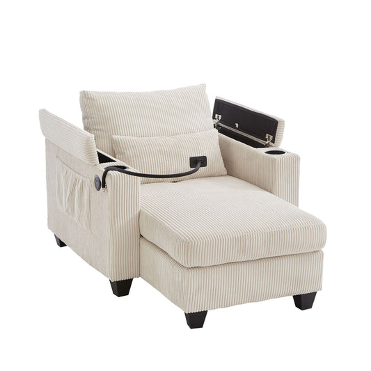 Convertible Chaise Lounge Sofa Chair With USB Ports, Cup Holders, Phone Holder And Storage
