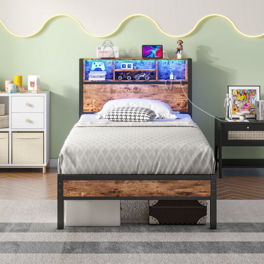 Modern Twin Size Metal Platform Bed Frame With Storage Headboard And Charging Station - Brown