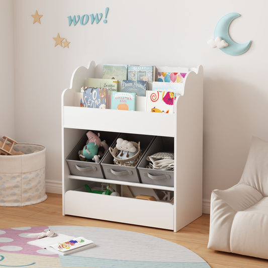 Bookshelf With Storage Bins And Drawer, Multi Functional Book Organizer For Toddlers - White