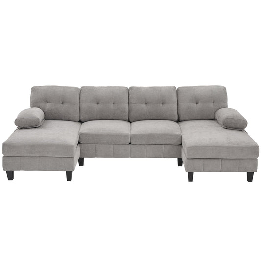 U-Shaped Sectional Sofa 103.5" Black Chenille Fabric Couch With Dual Chaise Lounges, Storage Pockets, Armrest Pillows