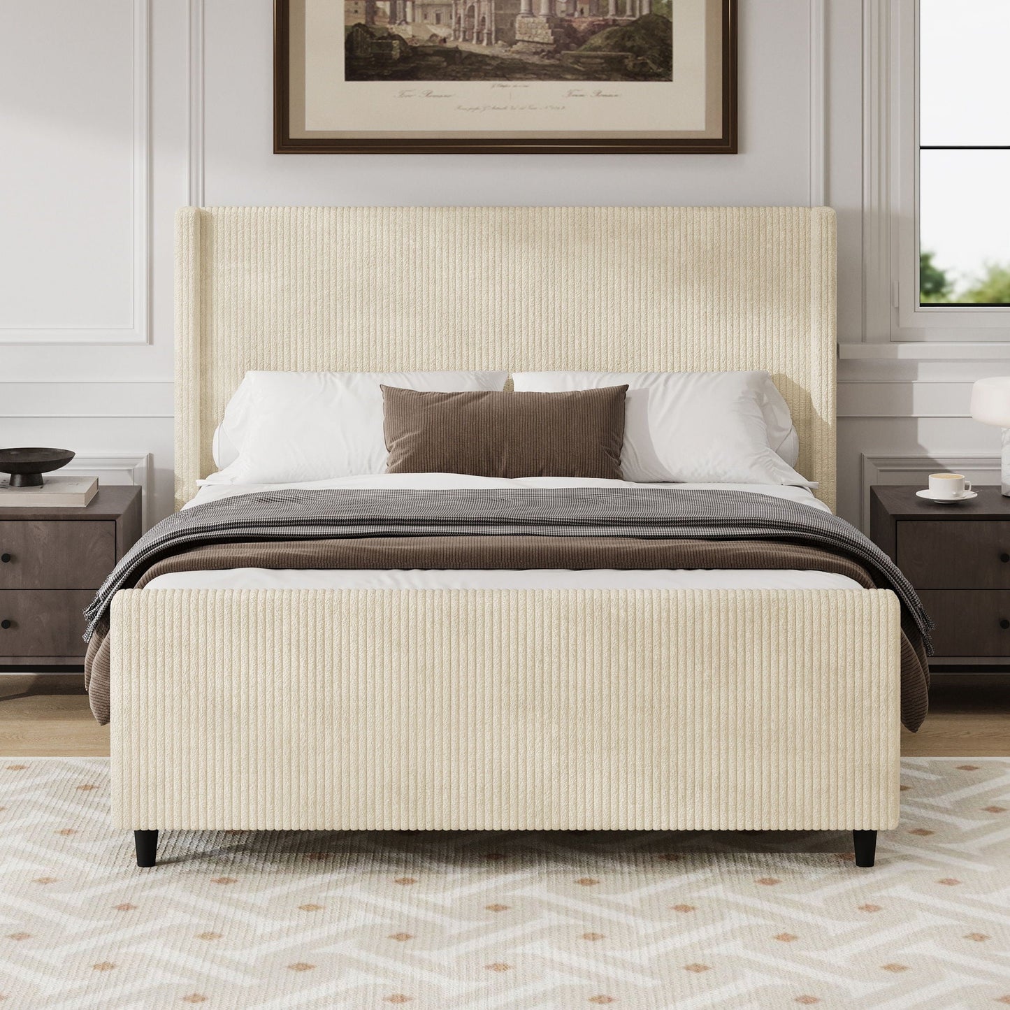 Upholstered Bed Frame With Vertical Stripe Wingback And High Footboard