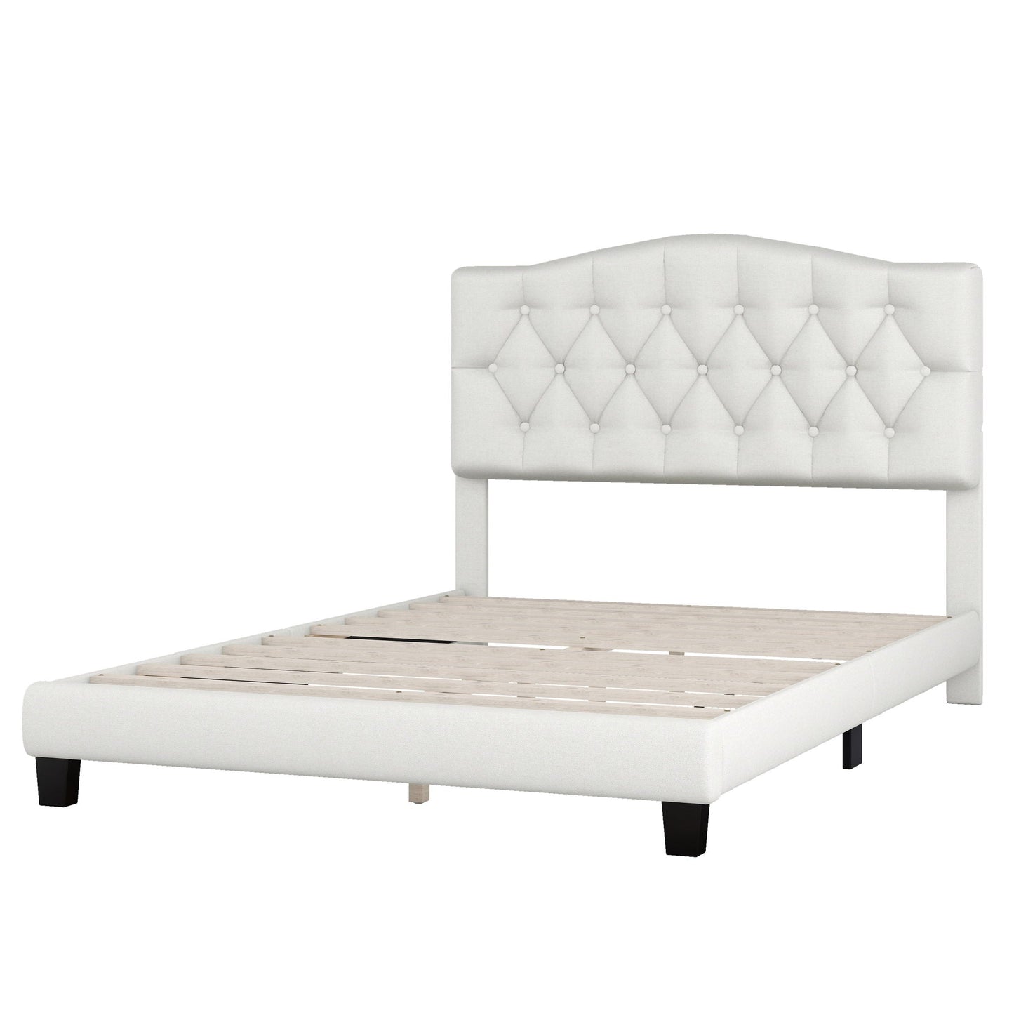 Upholstered Platform Bed With Saddle Curved Headboard And Diamond Tufted Details