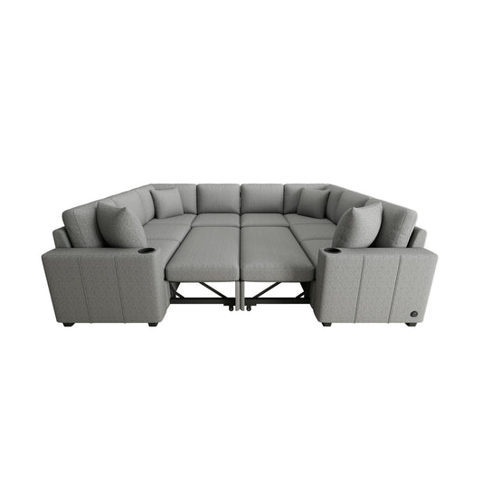 Modern U-Shaped Sectional Sofa Convertible Pull-Out Sofa Bed With USB Ports And Cup Holders