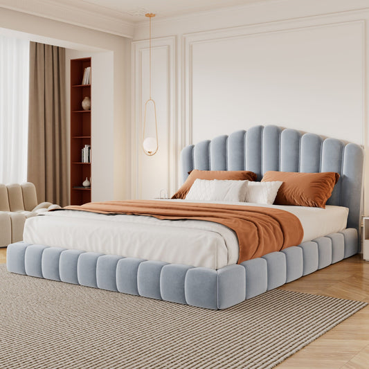 Queen Upholstered Bed Frame With Shell Shaped Headboard - Light Blue - Light Blue