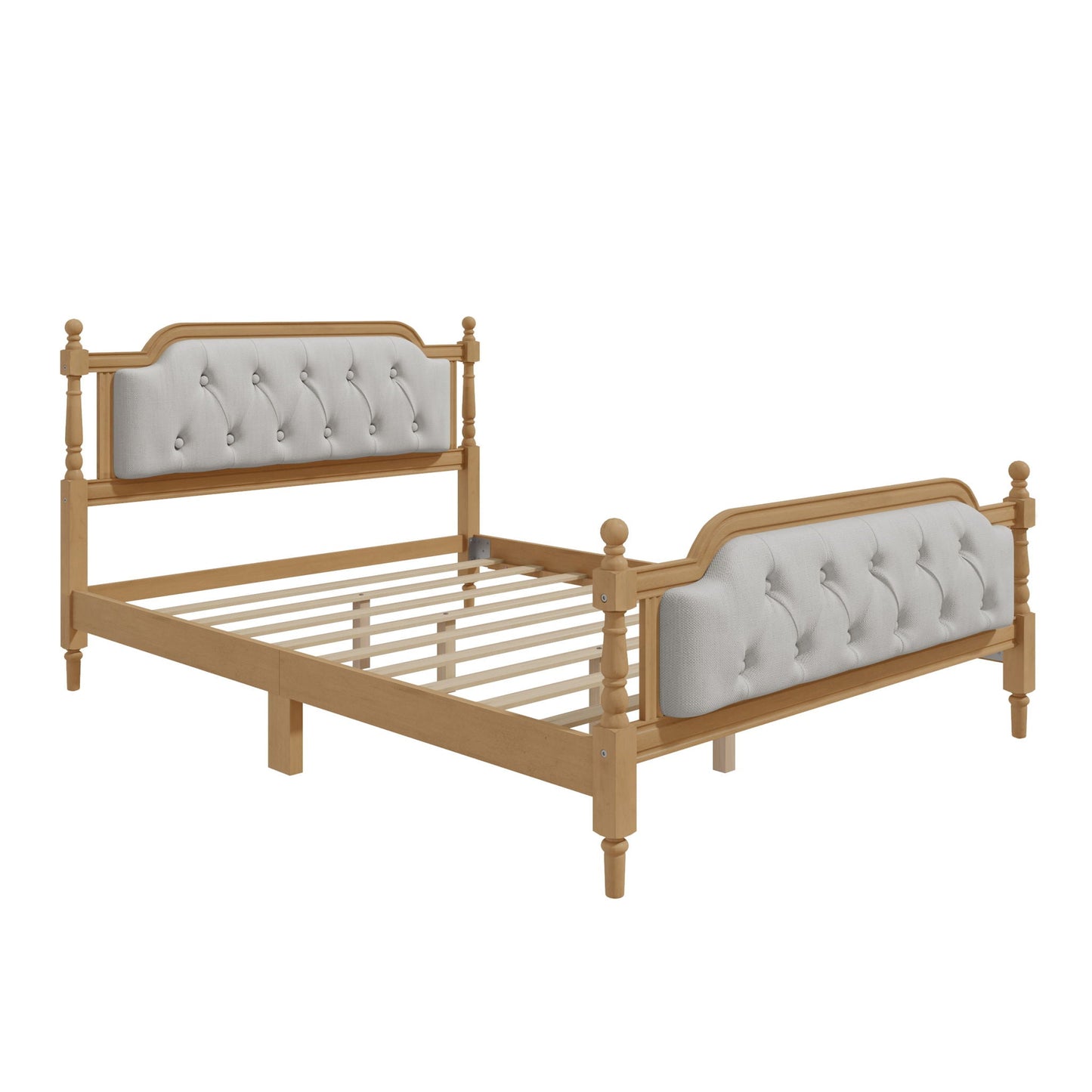 Traditional Style Solid Bed Frame With Upholstered Tufted Headboard, No Box Spring Needed