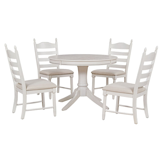 5 Piece Retro Functional Dining Table Set With Extendable Round Table And Upholstered Chairs