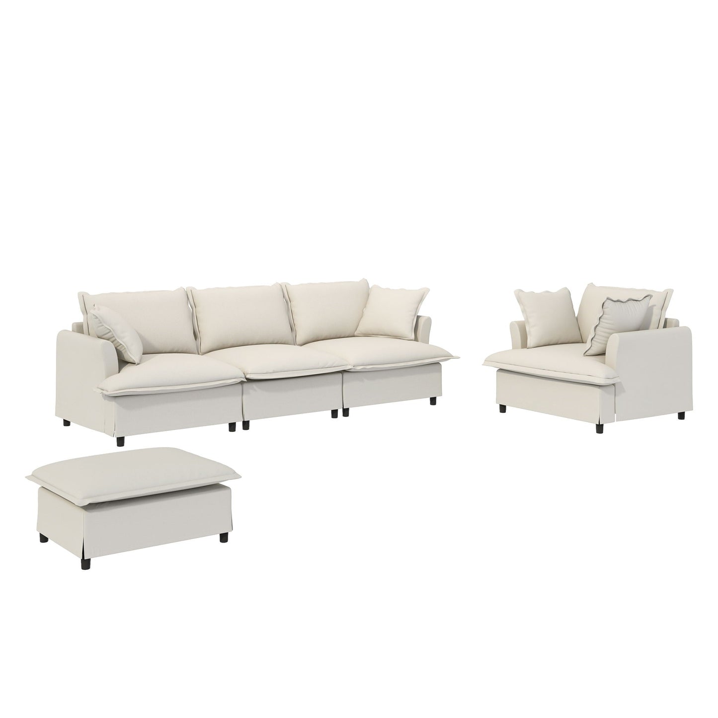 3 Piece Living Room Set Modular L Shaped Sectional Couch Upholstered, 3 Seater Sofa & Armchair & Movable Ottoman 5 Seat - Beige