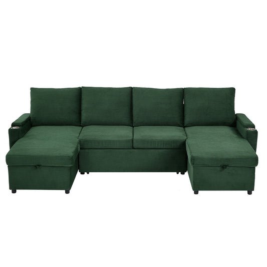 U Shaped Sectional Sofa Bed With Storage Chaise Lounges, USB Ports, And Cup Holders