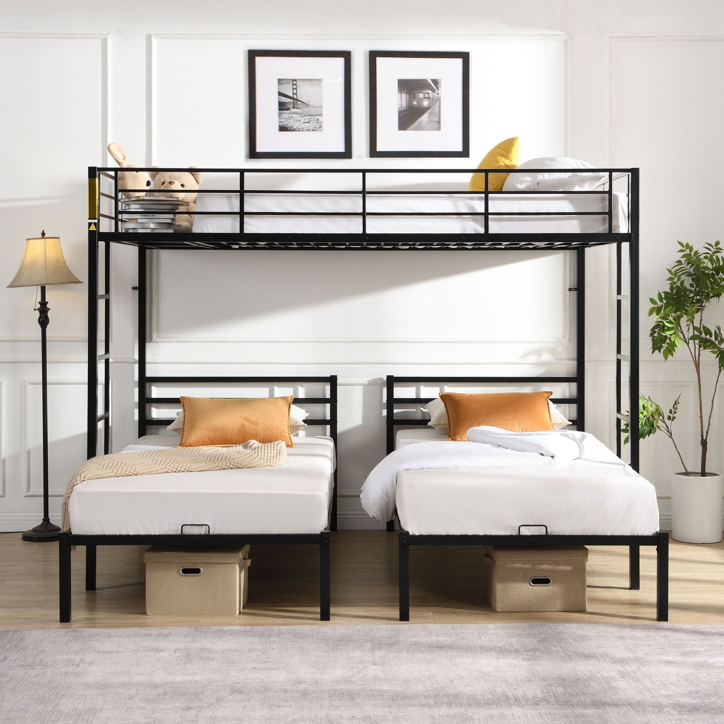 Modern Metal Triple Bunk Bed With Vertical Ladder, Safety Rail, And Storage Shelf - Black