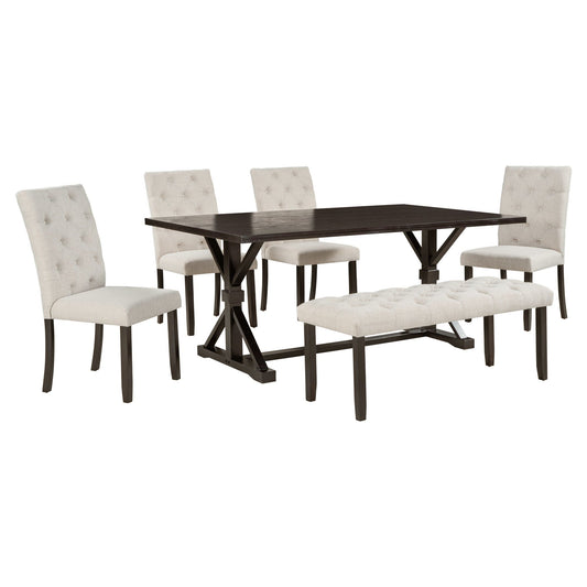6 Piece Dining Table Set With Rectangular Wood Table, 4 Upholstered Chairs, Bench