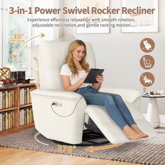 270° Power Swivel Rocker Recliner Chair With Phone Holder, Electric Glider Reclining Sofa With USB Ports For Living Room Bedroom - Beige