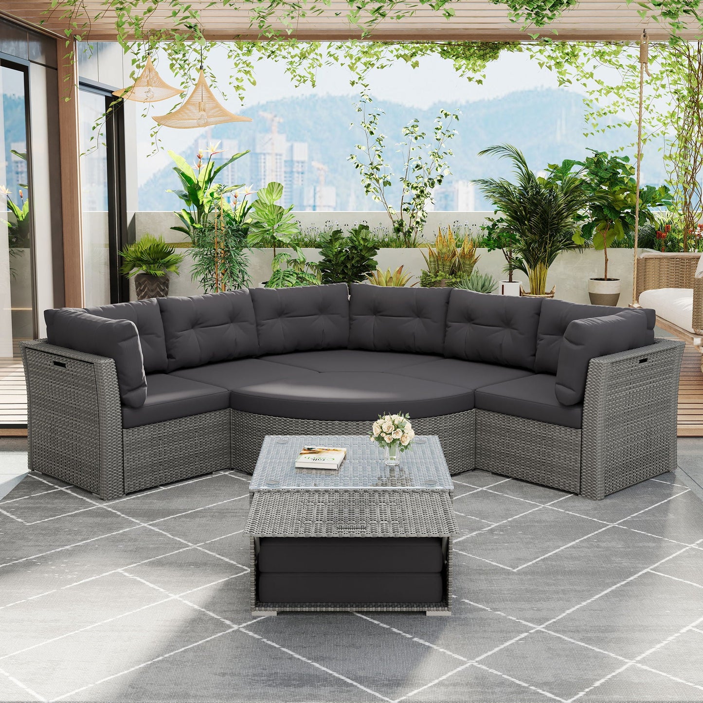 Elegant Patio Furniture Set Outdoor Daybed Rattan Sectional With Cushions And Center Table - Gray