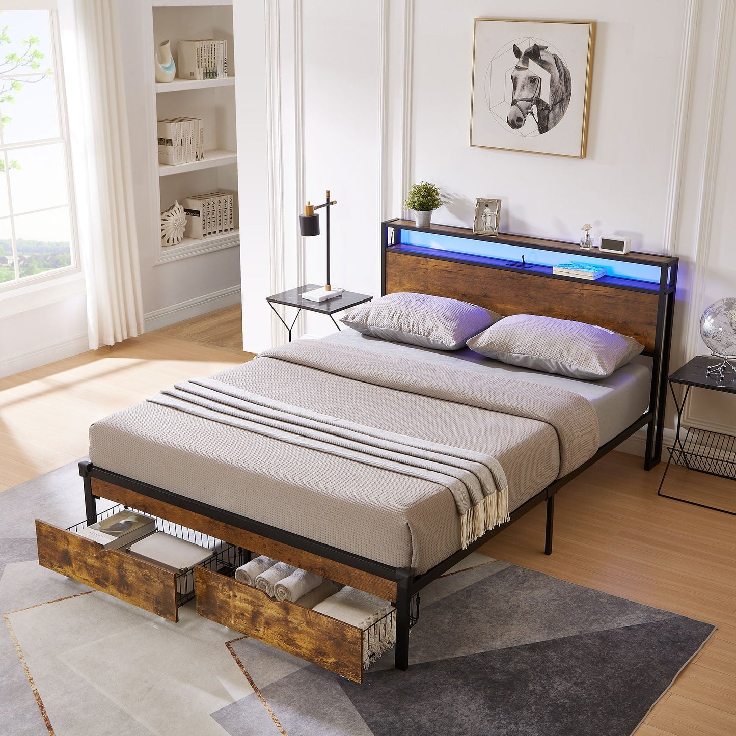 Modern Metal Platform Bed Frame With Wooden Headboard, USB Charging, LED Lights, And Storage