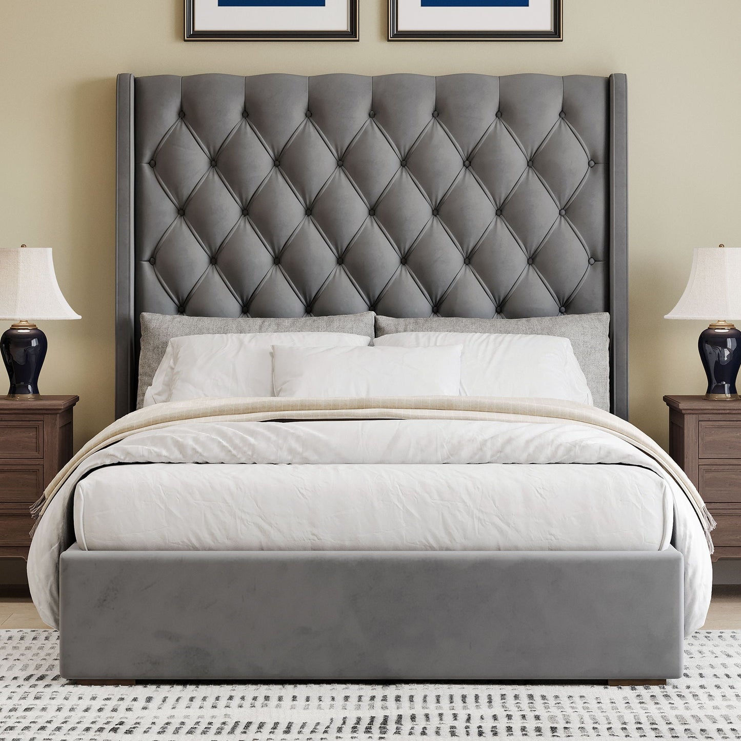 Tall Headboard Upholstered Bed With Handmade Deep Button Tufted, Box Spring Needed