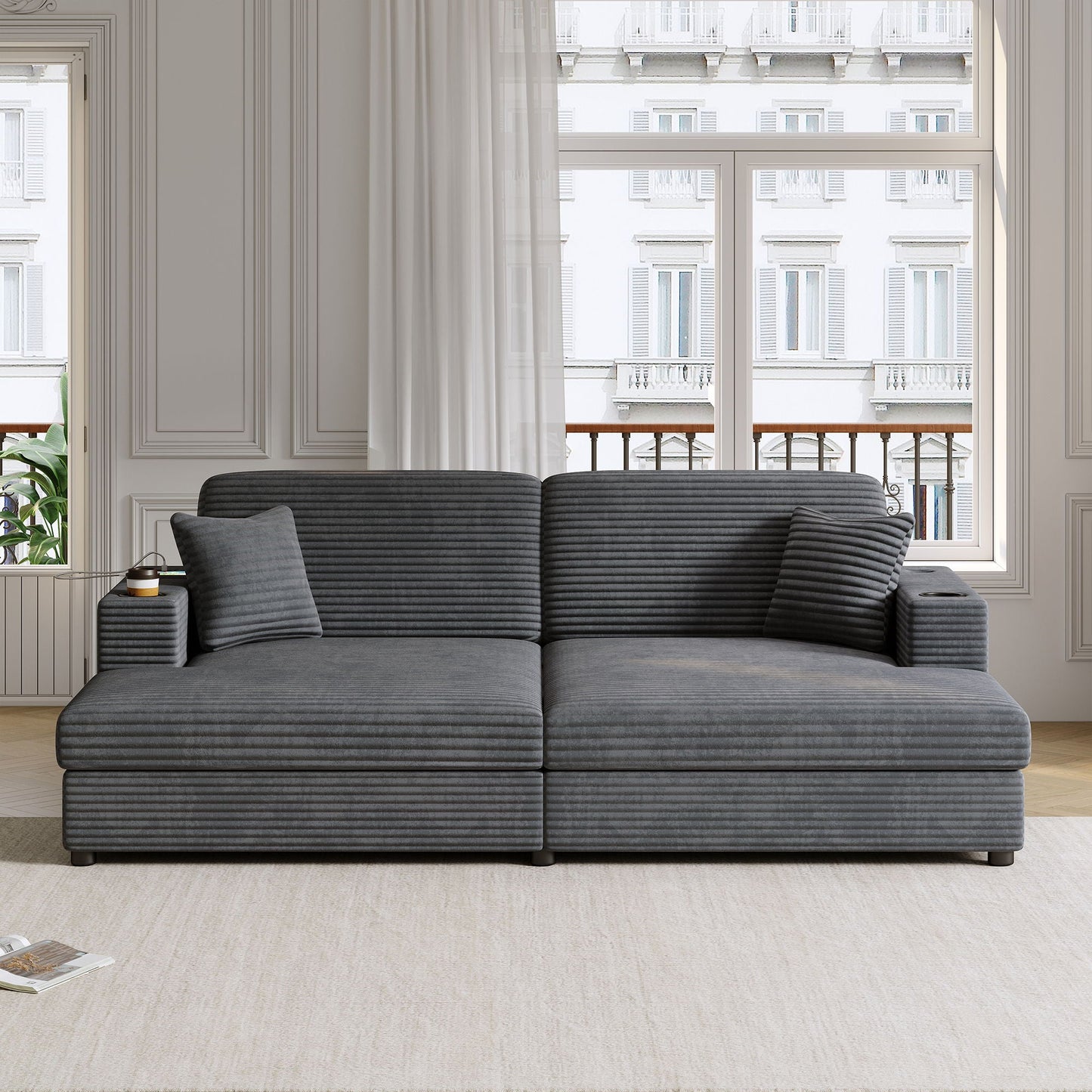 Oversized Loveseat Chaise With 2 USB Ports, 2 Cup Holders And 2 Throw Pillows