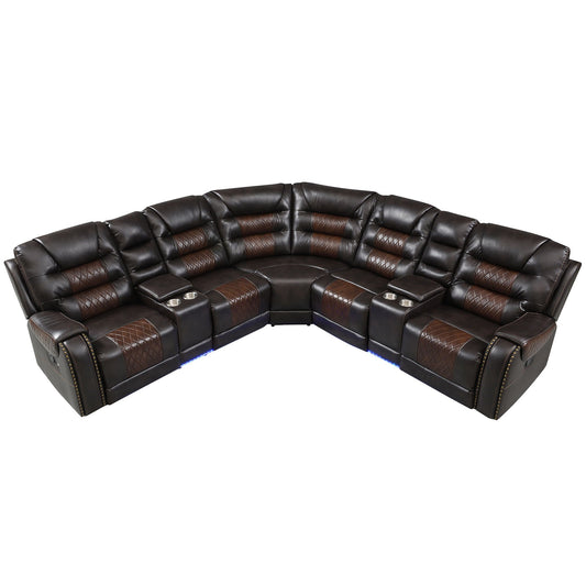 Manual Reclining Sectional Sofa Set, L Shaped Symmetrical Motion Sofa Corner Couch Sets With Storage Boxes, 4 Cup Holders And LED Light Strip For Living Room