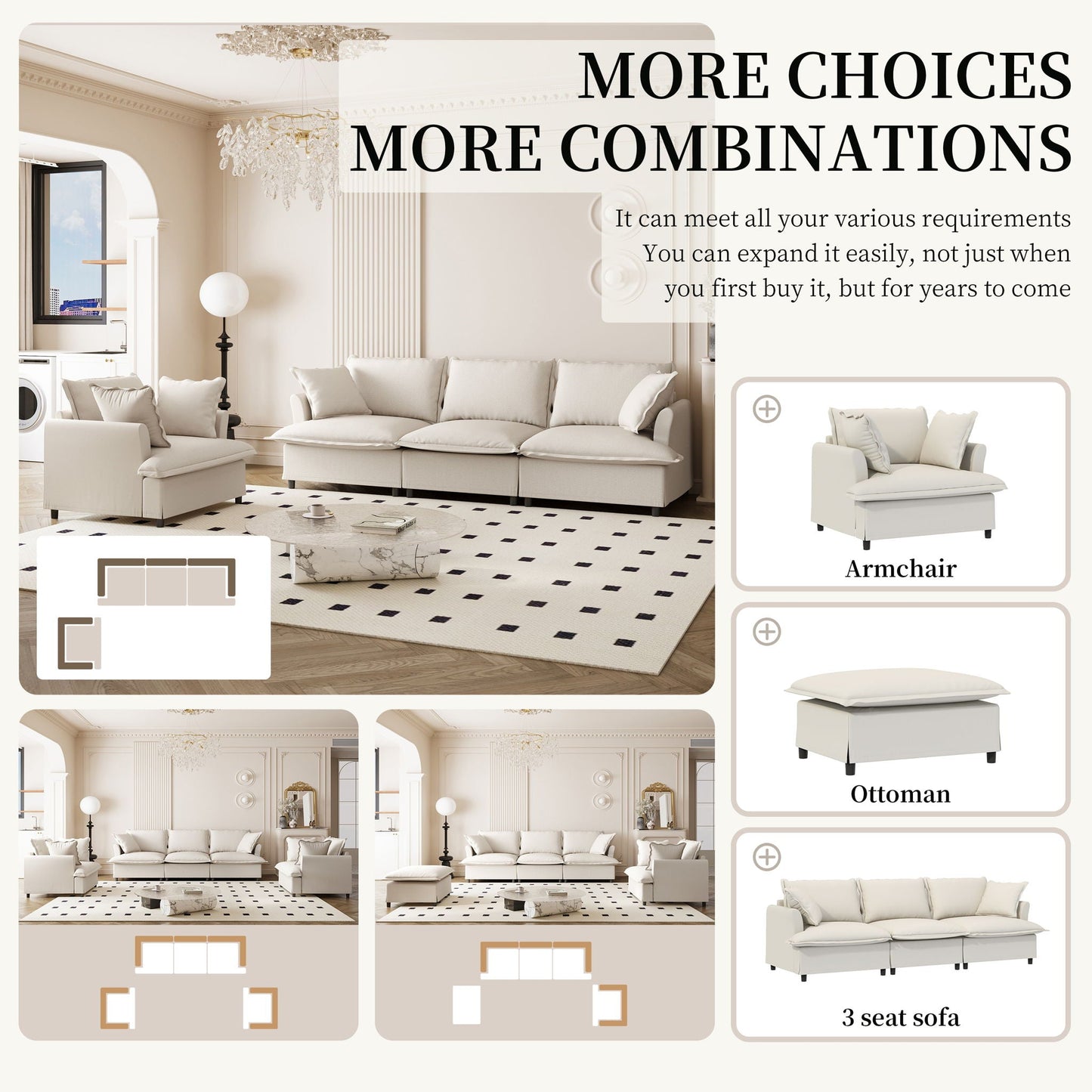 2 Piece Living Room Set With Throw Pillows Sectional Couch Sets, Upholstered 3 Seater Sofa & Armchair 4 Seat - Beige