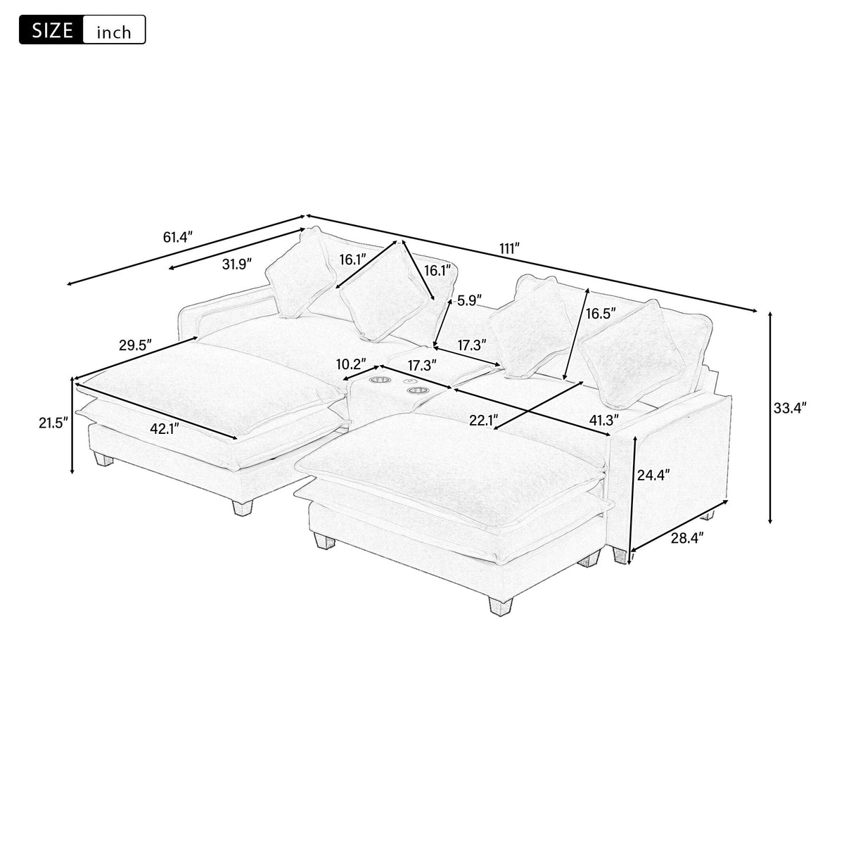 Sectional Sofa With Removable Ottomans, USB Ports, Cup Holders & Storage - Gray / Light Blue