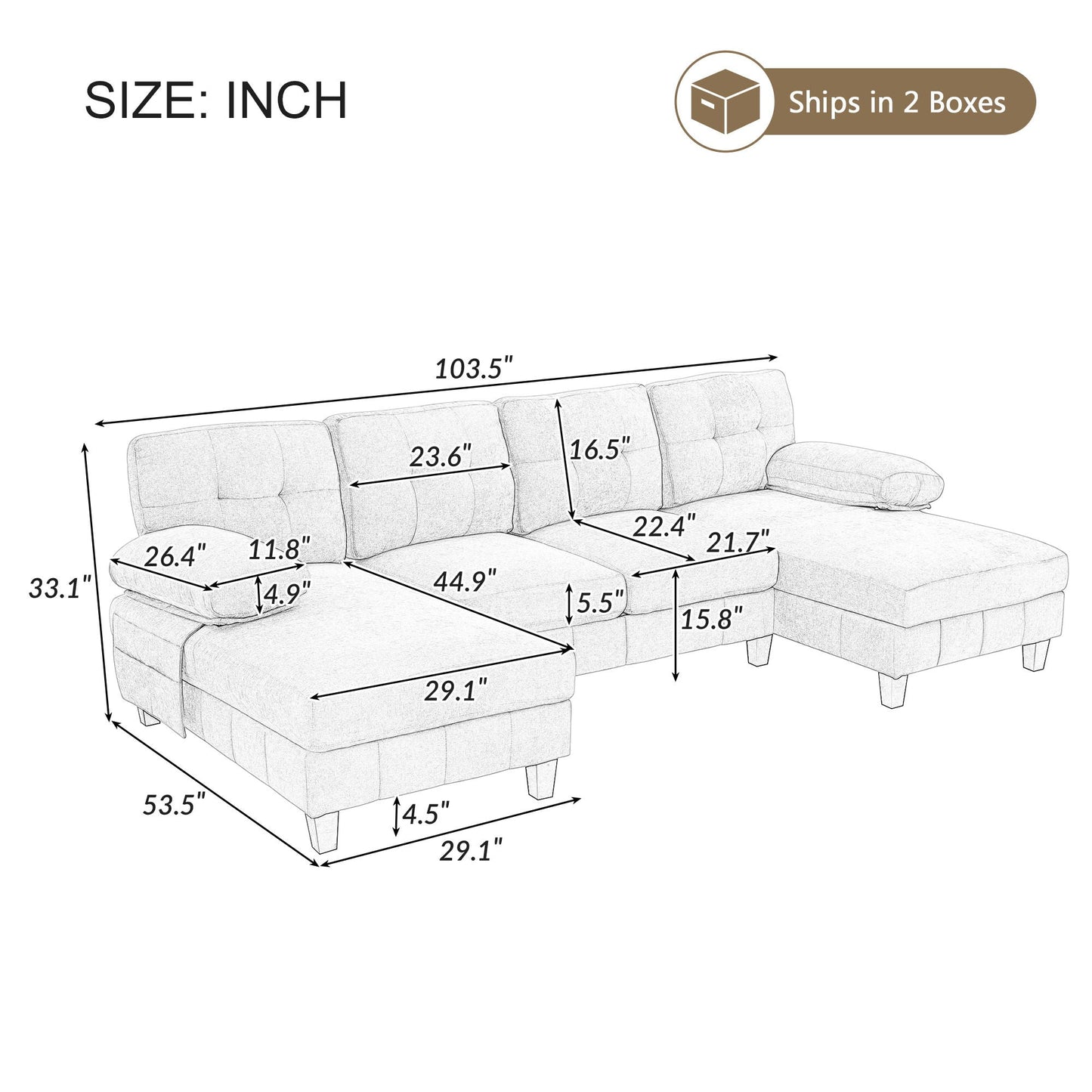 U-Shaped Sectional Sofa 103.5" Fabric Couch With Dual Chaise Lounges, Storage Pockets, Armrest Pillows