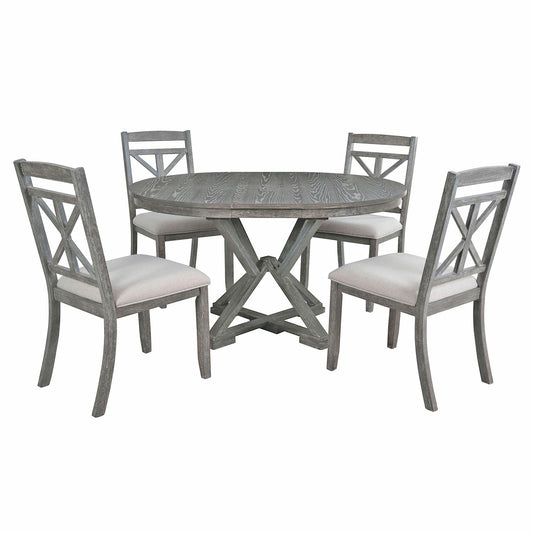 Dining Set With Extendable Round Table And 4 Upholstered Chairs