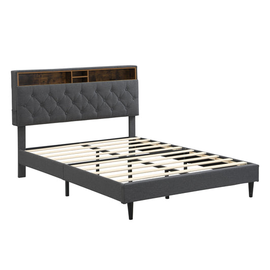 Modern Upholstered Platform Bed Frame With Button Tufted Headboard And USB Ports
