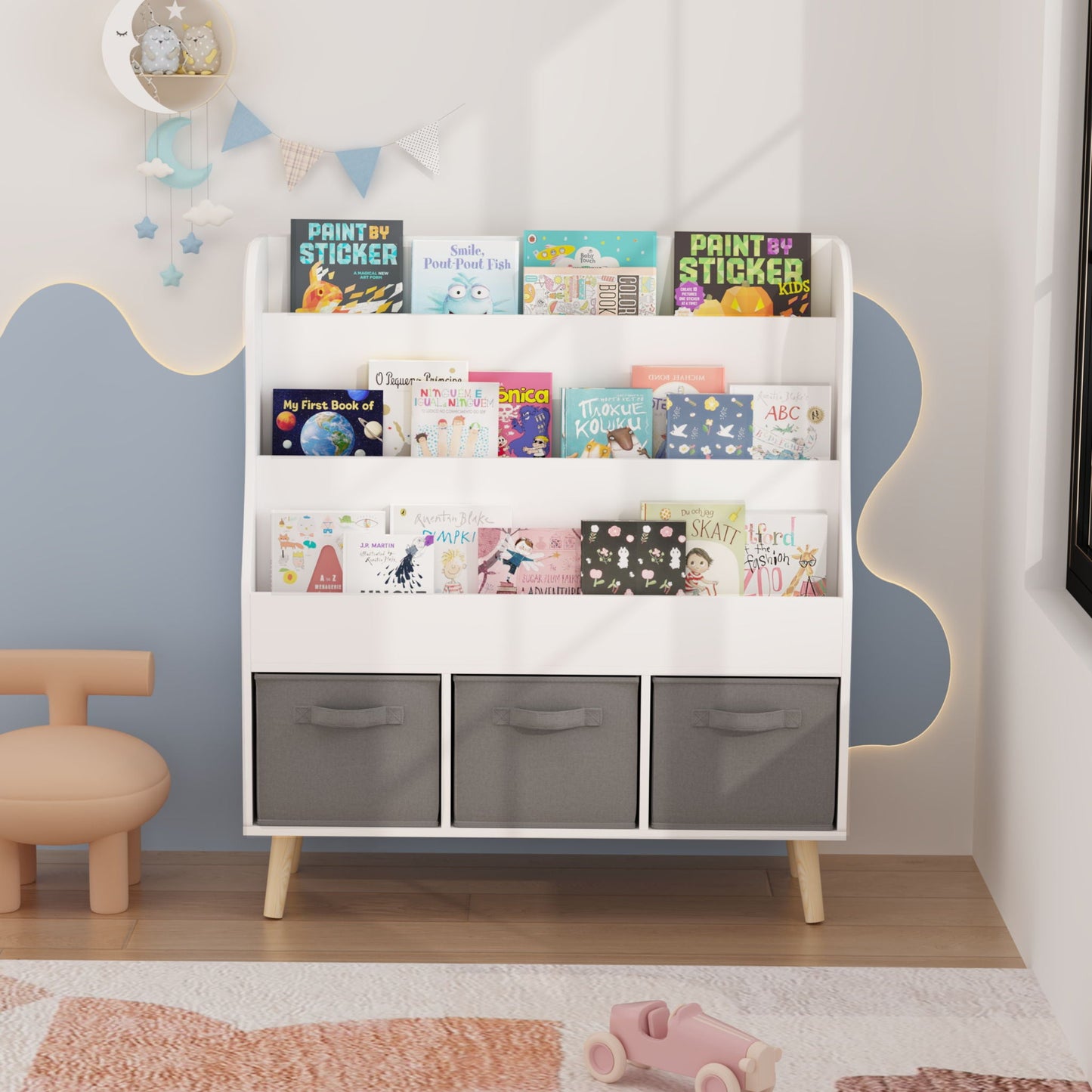 Bookshelf With 3 Bins, Storage Shelf For Toys And Books