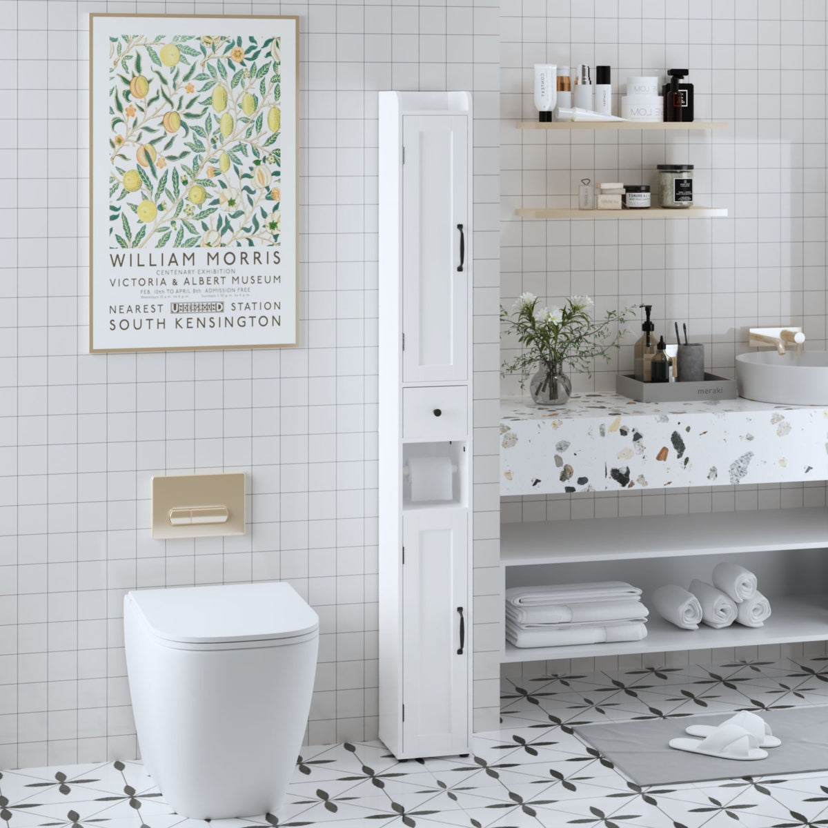 Slim Tall Bathroom Storage Cabinet With Adjustable Shelves, 2 Doors Freestanding Cabinet - White