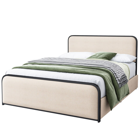 Modern Bed With Curved Upholstered Headboard And Footboard, Heavy Duty Metal Slats