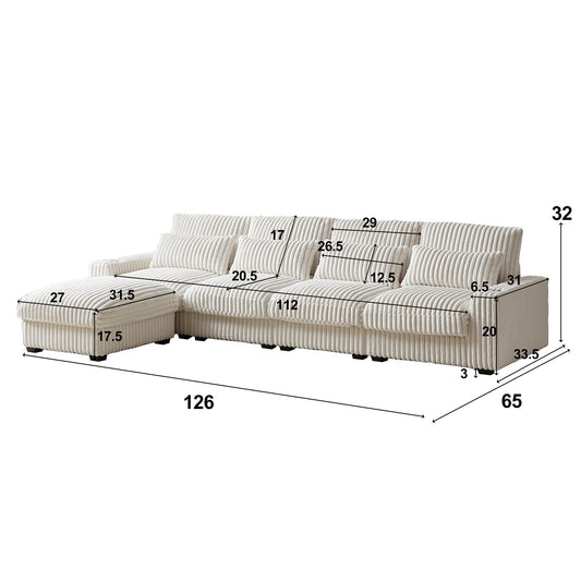 Corduroy With Cup Holder Super Large L Shaped Sofa, Movable Footrest, 4 Waist Pillows And 4 Back Cushion, With USB Port And Type - C Port - Beige