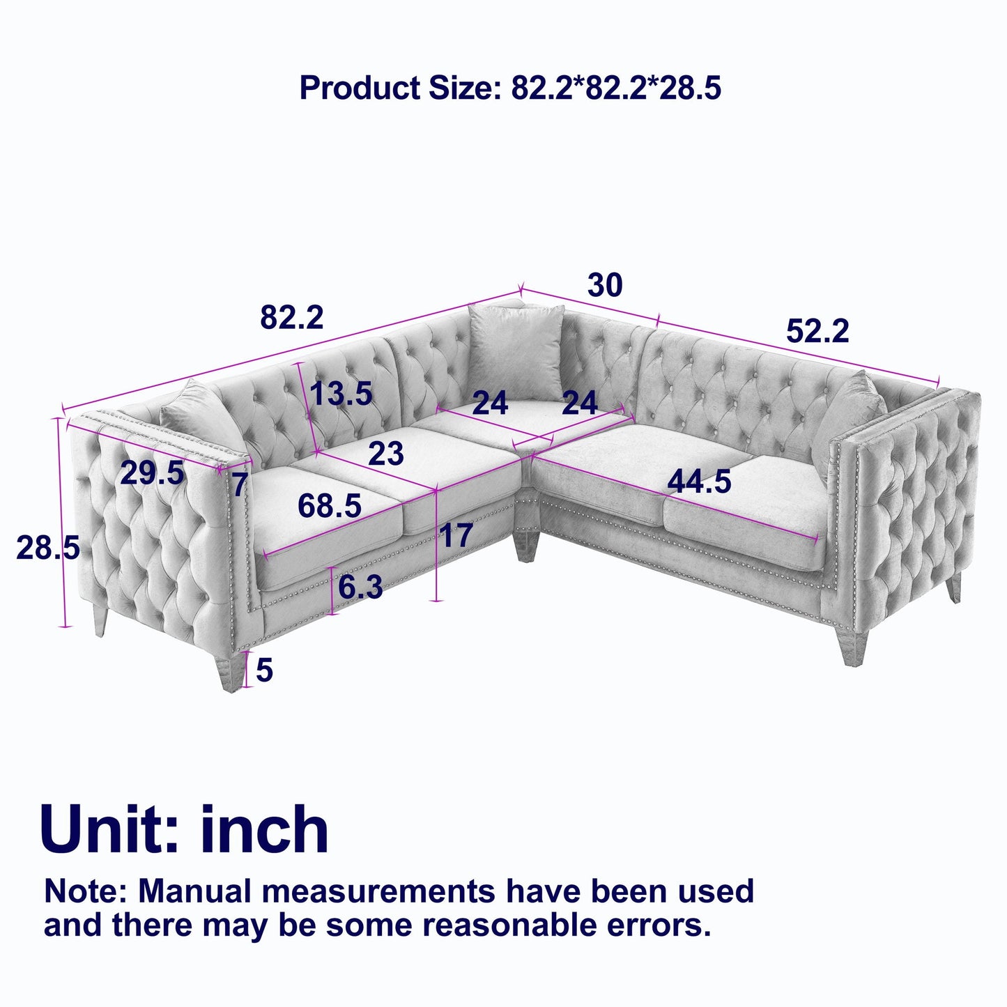 L-Shaped Corner Sofa, 5 Seater Sectional With Tufted Design
