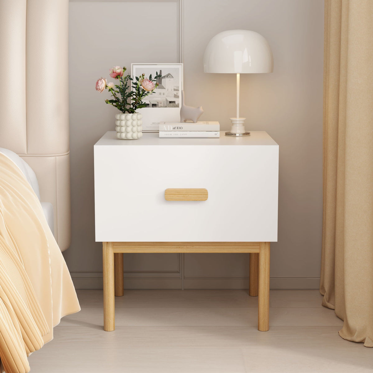 Nightstand With Drawer, Minimalist Bedside Table With Handle For Bedroom - White
