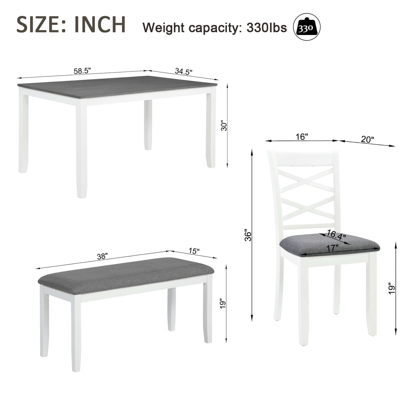 Elegant 6 Piece Dining Table Set With 4 Chairs And Bench