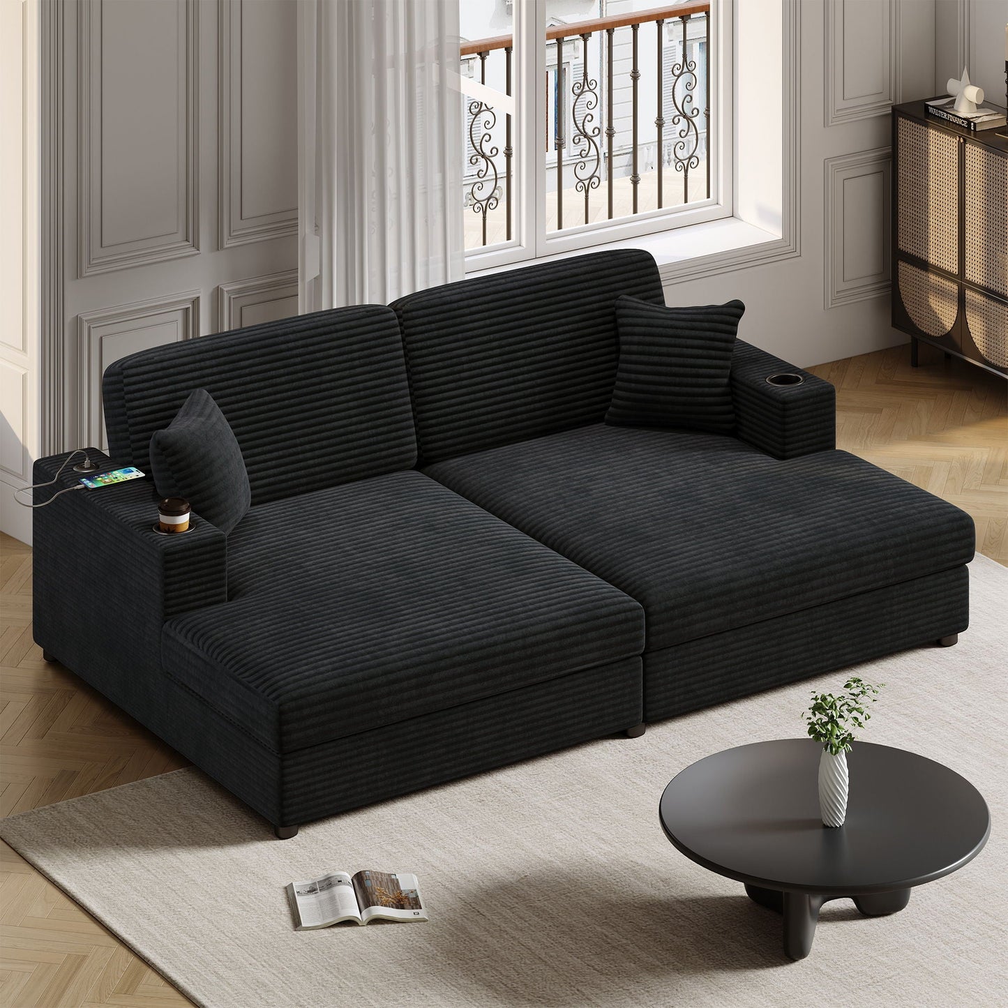 Oversized Loveseat Chaise With 2 USB Ports, 2 Cup Holders And 2 Throw Pillows