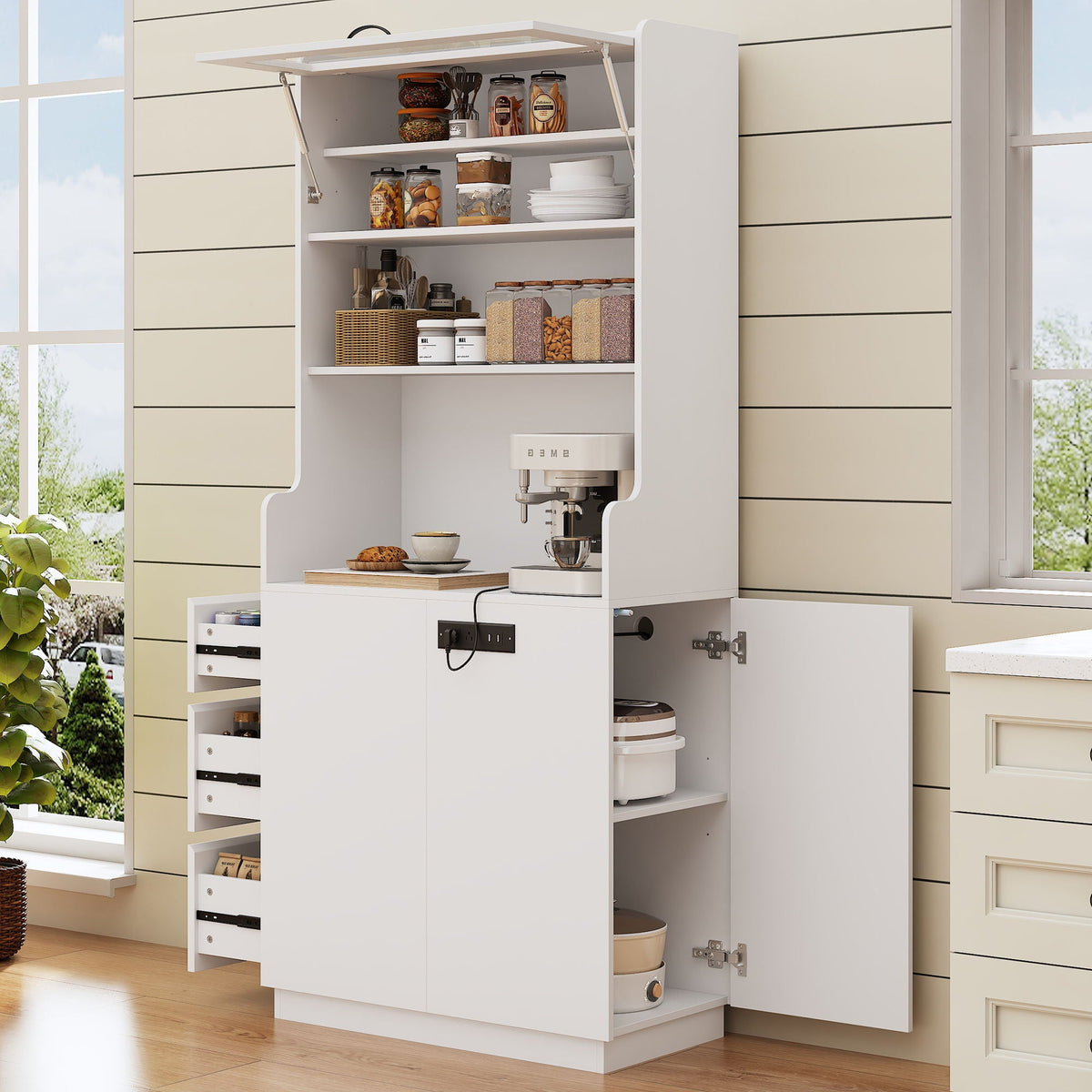 Pantry Cabinet With Hydraulic Flip Top And USB Charging Port