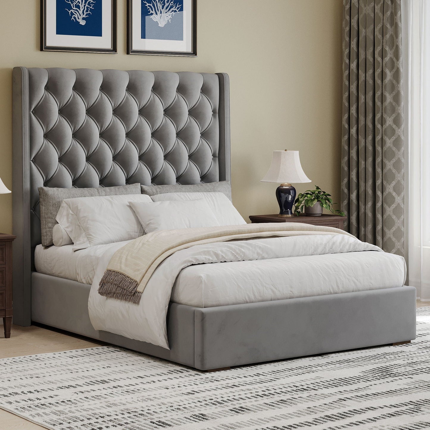 Tall Headboard Upholstered Bed With Handmade Deep Button Tufted, Box Spring Needed