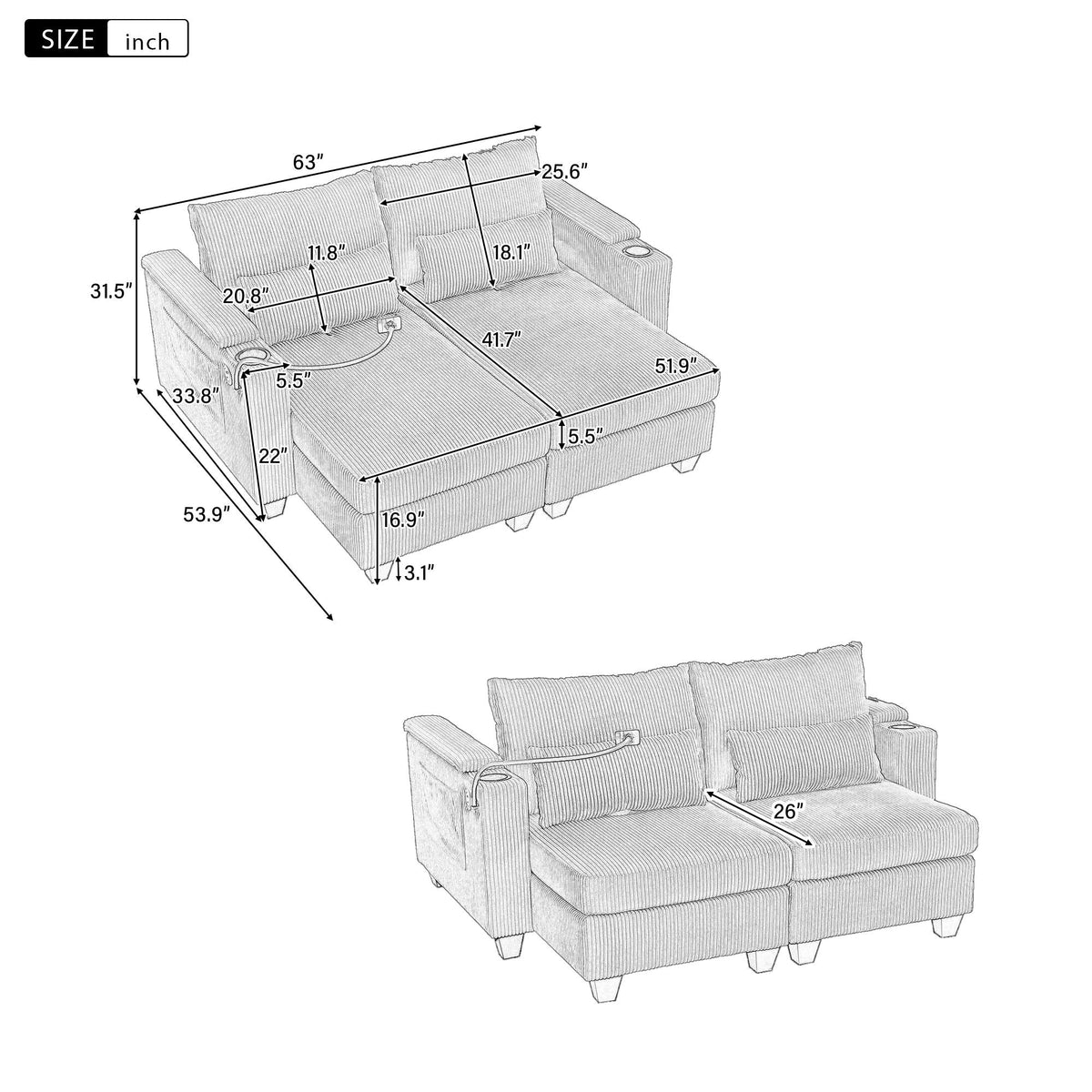 Convertible Chaise Lounge Sofa Chair With USB Ports, Cup Holders, Phone Holder And Storage