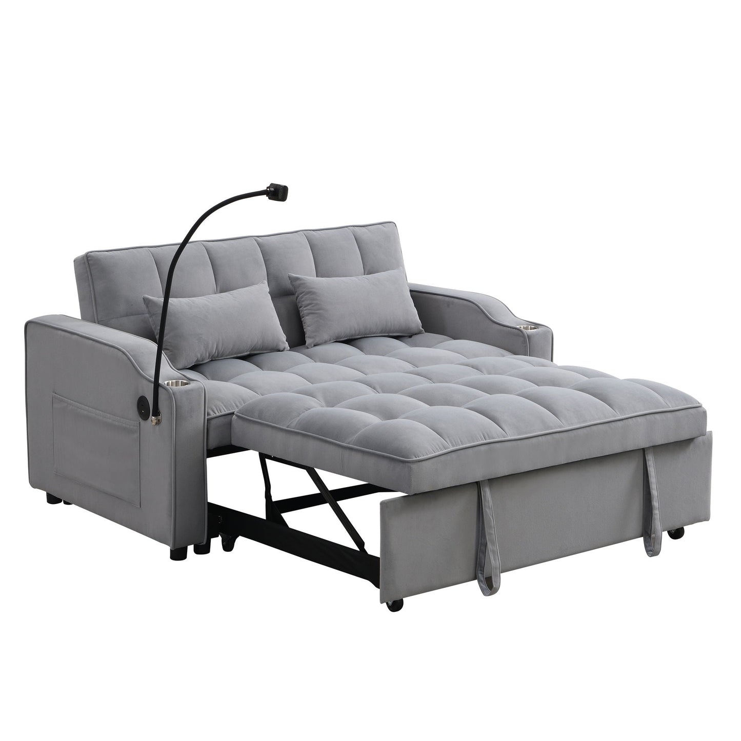 Modern Velvet Loveseat With Pullout Bed, Adjustable Reclining Backrest